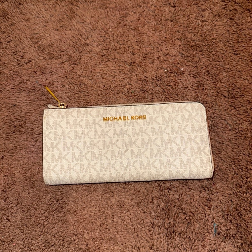 Michael Kors Cream Logo Zip-Around Wallet with Gold Hardware